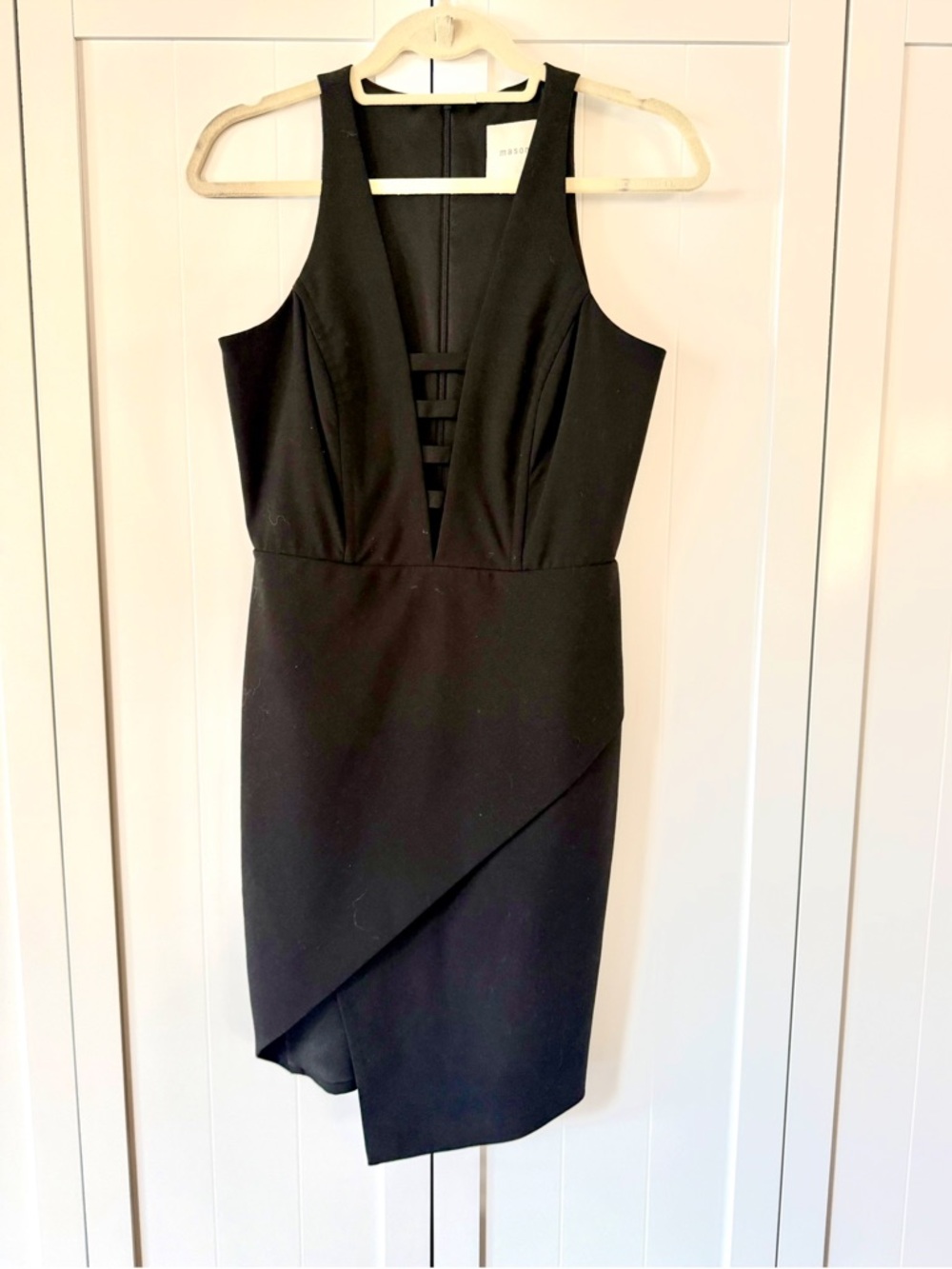 Mason Black Deep V Cocktail Dress Strappy Cutout Asymmetrical Hem